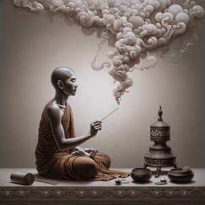 Mystical Monk Meditating with Smoking Incense Stick | Website Name