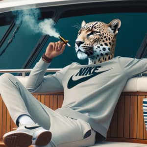 Leopard-Headed Humanoid Smoking in Yacht | Nike Attire