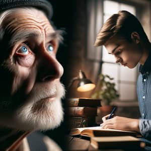 Dreaming Elderly Man and Studious Younger Man Contrast