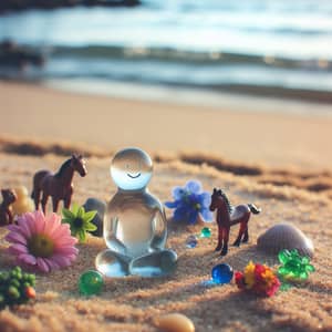 Glass Man Enjoying Beach with Flowers and Animals