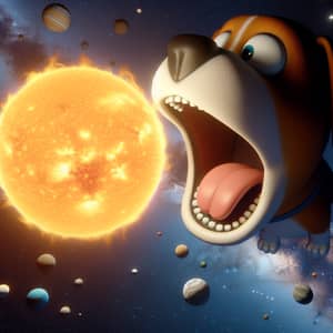Giant Cartoon Dog in Space Catching Sun in Playful Act
