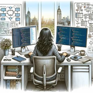 South Asian Female Coder in a Professional Environment | Dual-Monitor Coding Setup