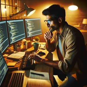 Experienced South Asian Male Coder at Late-Night Coding Marathon