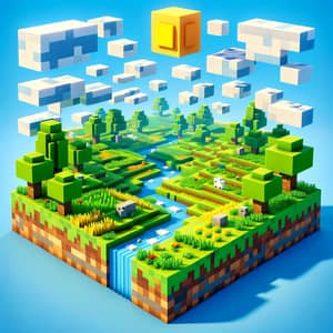 Minecraft 3D Field: Blocky Landscape with River and Trees