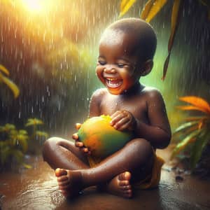 Joyful African Child Eating Mango in the Rain