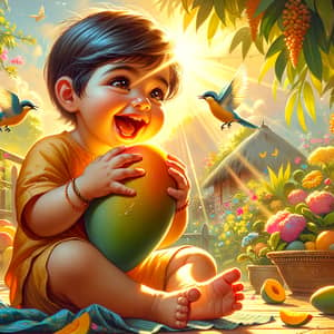 Joyful Indian Child Eating Ripe Mango - Sunny Summer Day