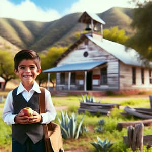 Young Hispanic Boy at Rural Schoolhouse | Vibrant Rural Scene