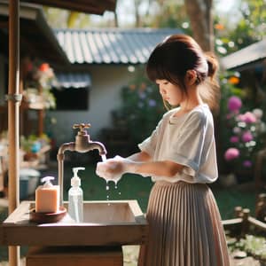 Young Asian Girl Washing Hands Outdoors | Lush Garden Scene
