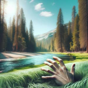 Majestic Natural Landscape with Mysterious Hand Touching Grass