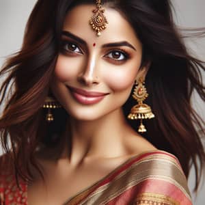 Graceful Indian Woman in Red and Gold Sari | Portrait Photo