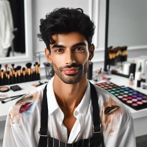 Dedicated South Asian Male Makeup Artist in Modern Studio