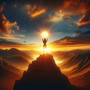 Empowerment at Sunset: Asian Woman with Inner Power Orb on Mountain Peak