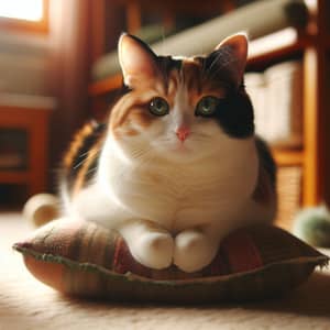 Beautiful Multicolored Cat on Cushion | Comfortable & Curious