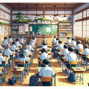 Traditional Japanese Classroom in Vibrant 2D Art Style | Afternoon Study Session