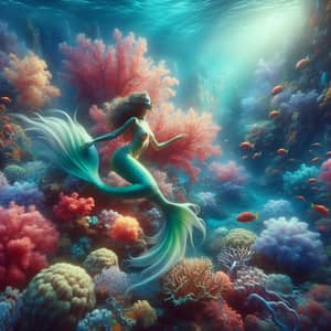 Surreal Underwater Mermaid Amidst Colorful Coral Reefs