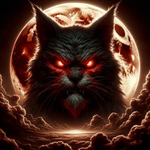 Evil Cat & Blood Moon: Malevolent Feline under Dark Red Sky