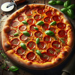 Delicious Pepperoni Pizza with Melting Cheese and Fresh Basil