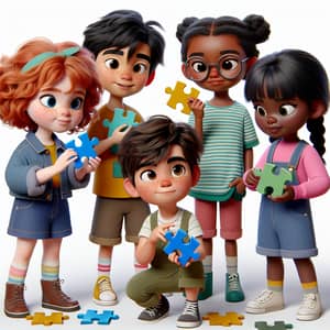 Diverse Pixar-Style Kids with Jigsaw Puzzle Pieces