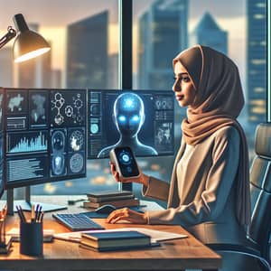 Modern Middle-Eastern Female Recruiter Using AI Technology in Professional Office Setting