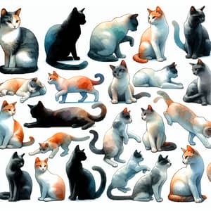 Watercolor Cats in Various Poses: Artistic Feline Portraits