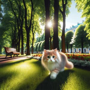 Adorable Fluffy Cat Wandering in Lush City Park