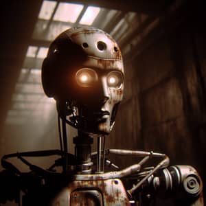 Eerie AI Robot in Horror Setting - Rusting Metallic Figure