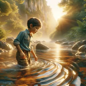 Young Hispanic Boy Adventurously Wading in Rich River