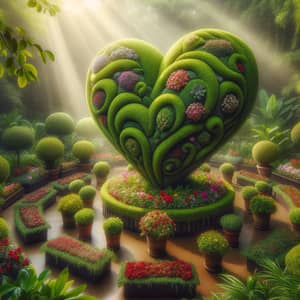 Meticulously Sculpted Heart-Shaped Topiary with Lush Green Leaves and Vibrant Flowers