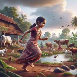 Young Indian Girl Playing Joyfully on Traditional Farm