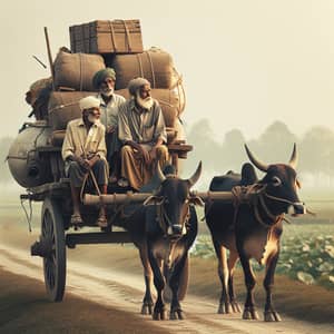 South Asian Men Riding Bull Cart Through Rural Setting