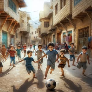 Middle Eastern Children Playing Soccer in Vibrant Street Scene