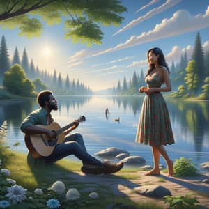 Tranquil Lake Scene with Couple: Nature's Serenity Captured