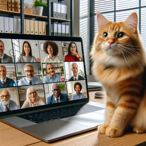 Fluffy Orange Tabby Cat in Online Meeting