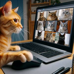 Ginger Cat Leads Virtual Meeting with Diverse Feline Participants