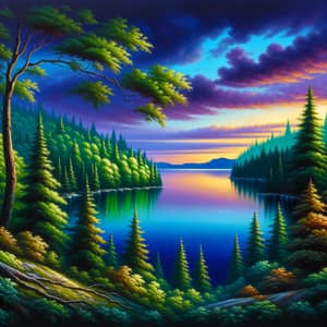 Oil-Painted Serene Forest by Calm Lake