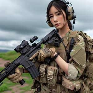 Asian Female Soldier Holding Precision Rifle | Ready for Duty