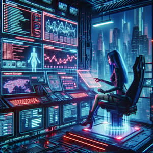 Cyberpunk Cityscape Scene with Female Hacker Troubleshooting Network Issues