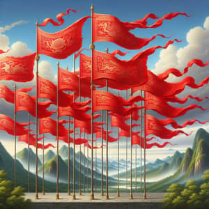 Vibrant Red Flags in Classic Chinese Art Style