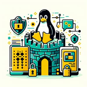 Linux Security: Fortress of Tux Penguin and Terminal - Shield and Lock Symbols