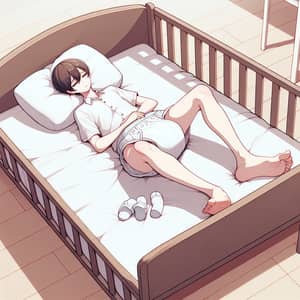 Giant Baby Daycare: Whimsical Anime Illustration of Teenage Boy in Oversized Bed