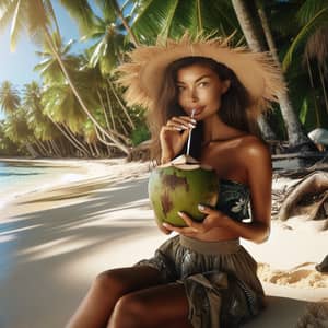 Polynesian Girl Sipping Coconut on Tropical Beach
