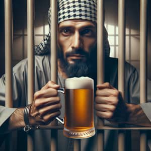 Middle-Eastern Prisoner Holding Beer Mug Behind Bars