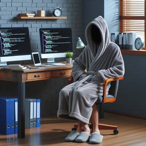 Home Office Setup with Mysterious Individual Surrounded by Computers