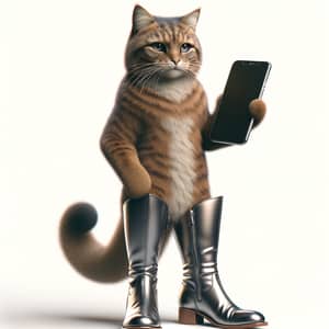 Anthropomorphic Cat in Boots Holding Smartphone - Curious Feline Tech Lover