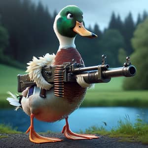 Humorous Cartoonish Duck Armed with Machine Gun in Countryside