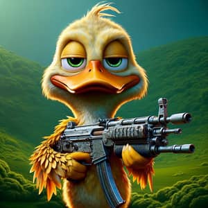 Anthropomorphic Duck Character with Machine Gun in Green Forest