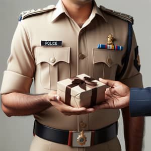 South Asian Male Police Officer Receiving Gift | Law Enforcement Scene