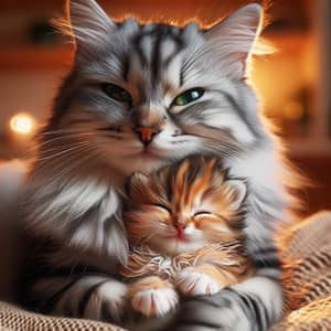 Adorable Grey and White Feline with Fluffy Orange Kitten