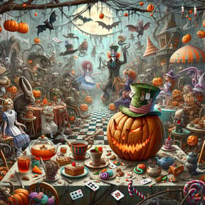 Halloween Wonderland Mashup: Chaotic Scene Mixing Halloween and Wonderland Elements