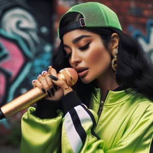 South Asian Female Rapper Artist in Neon Green Tracksuit